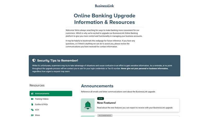 Screenshot of the BusinessLink upgrade resources microsite